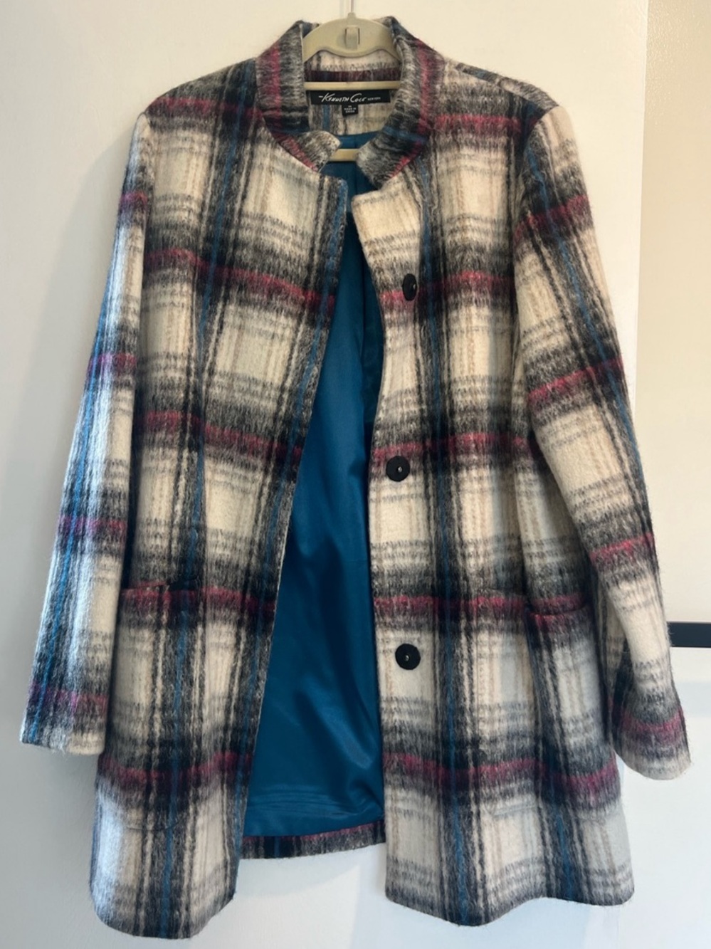 Kenneth Cole New York Plaid Wool Blend Coat in Cream & Blue